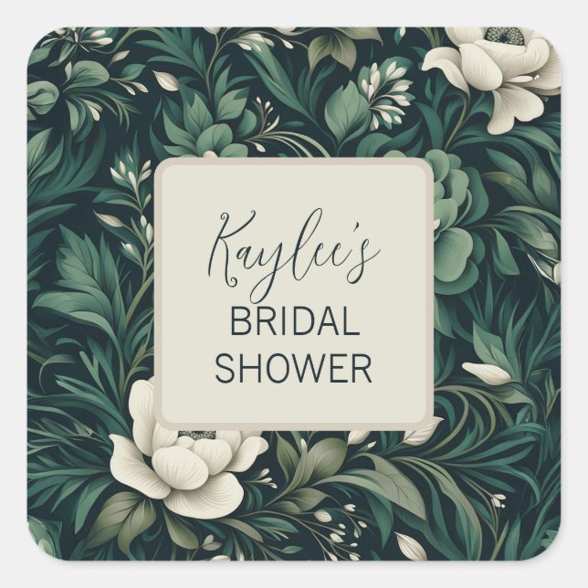 Dark Emerald Green Floral Quadratischer Aufkleber (Vorderseite)