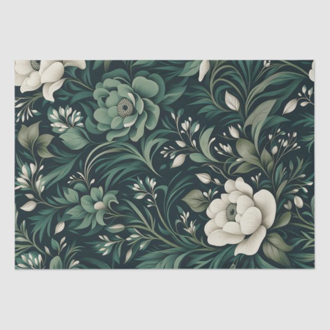 Dark Emerald Green Floral Seidenpapier (Vorderseite)
