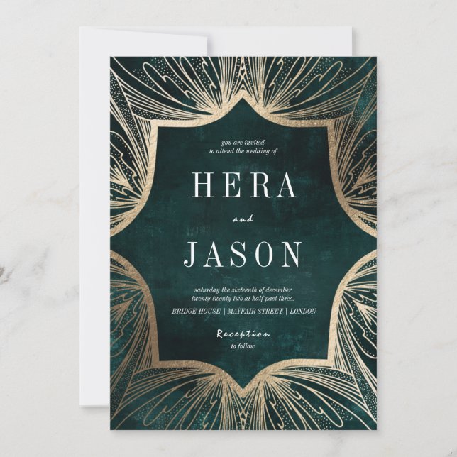 Dark Emerald Green und Imitate gold Art Nouveau Einladung (Vorderseite)