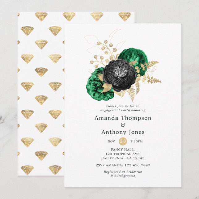 Dark Emerald und Gold Floral Engagement Party Einladung (Vorne/Hinten)