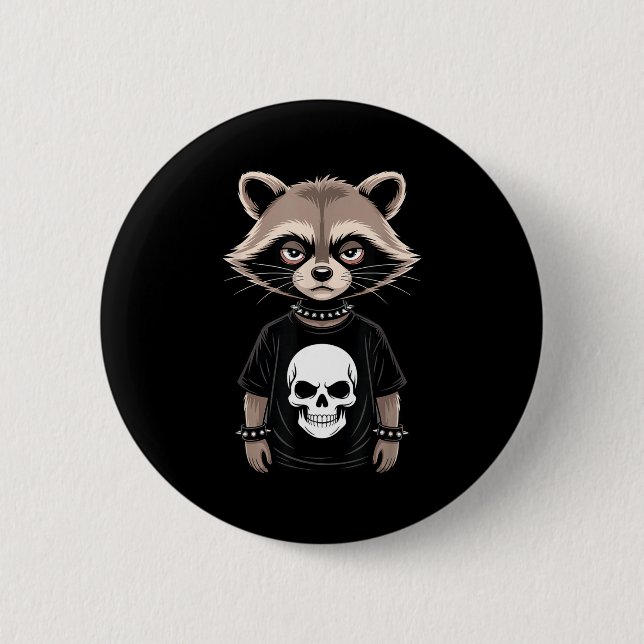 Dark Emo Raccoon With Skull Punk Style Alternative Button (Vorderseite)