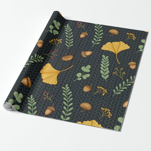 Dark Fall Gift Wrap with Ginkgo Leaves and Acorns Geschenkpapier (Ungerollt)
