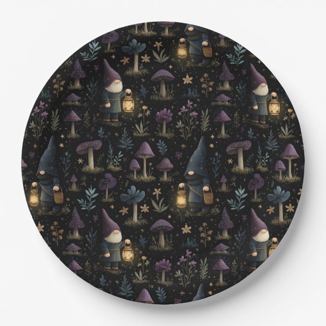 Dark Fantasy Gnome und Mushroom Pattern Pappteller (Vorderseite)