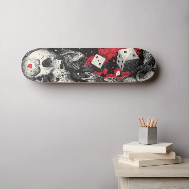 Dark Fantasy Skull and Dice Illustration Skateboard (Wandkunst (Horz))