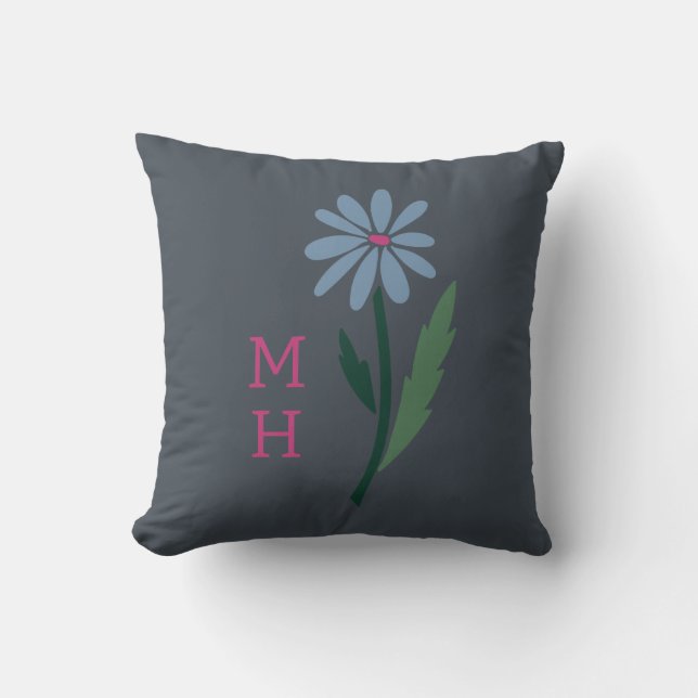 Dark Farmhouse Retro Blue Floral Monogram Gray Kissen (Vorderseite)
