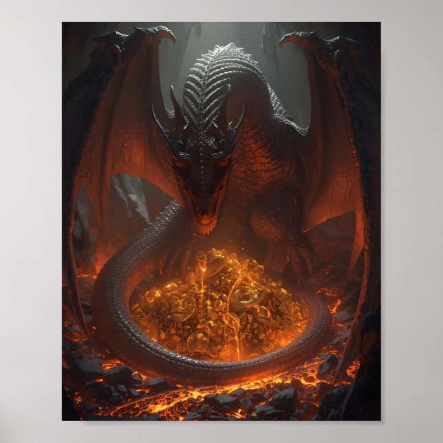 Dark Fire Dragon Guarding Treasure – Fantasy Art Poster (Vorne)