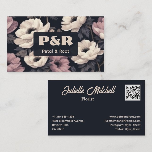 Dark Floral Anemone Florist Business Card Visitenkarte (Vorne/Hinten)
