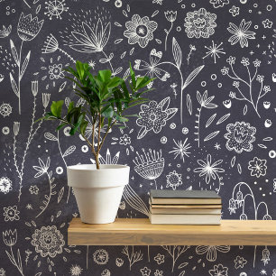 Dark Floral Chalkboard Grau Botanisch Tapete