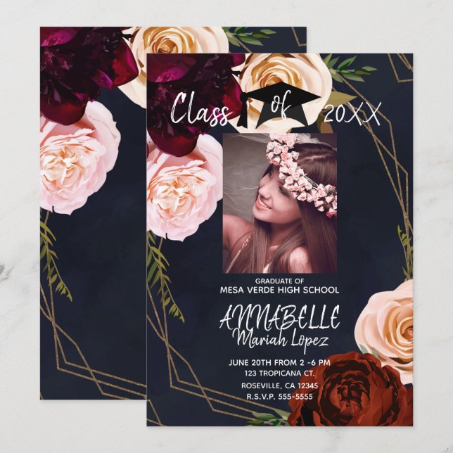 Dark Floral Gold Navy Blue Graduation Party Foto Einladung (Vorne/Hinten)
