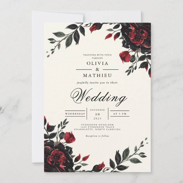 Dark Floral Gothic Romance Wedding Einladung (Vorderseite)