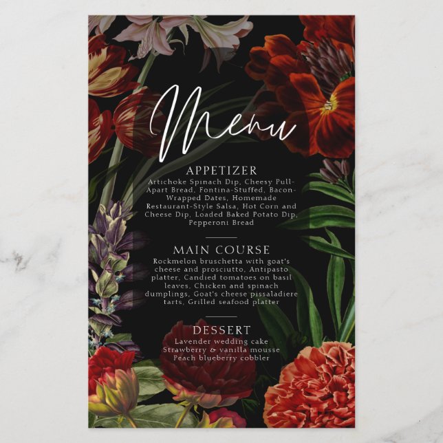 Dark Floral Moody Wedding Menu (Vorderseite)