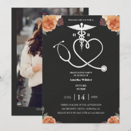 Dark Floral Nursing Graduation Invitation with Hea Einladung