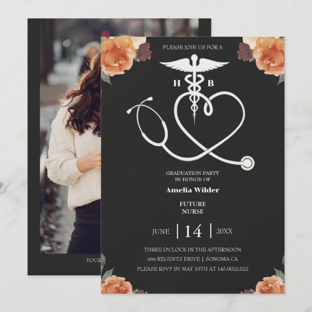 Dark Floral Nursing Graduation Invitation with Hea Einladung (Vorne/Hinten)