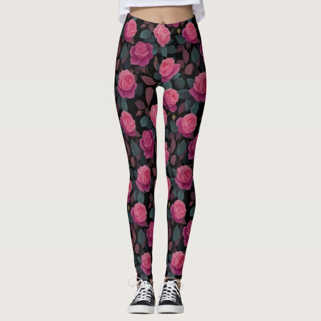 Dark Floral Pink Rose Pattern Leggings (Vorderseite)