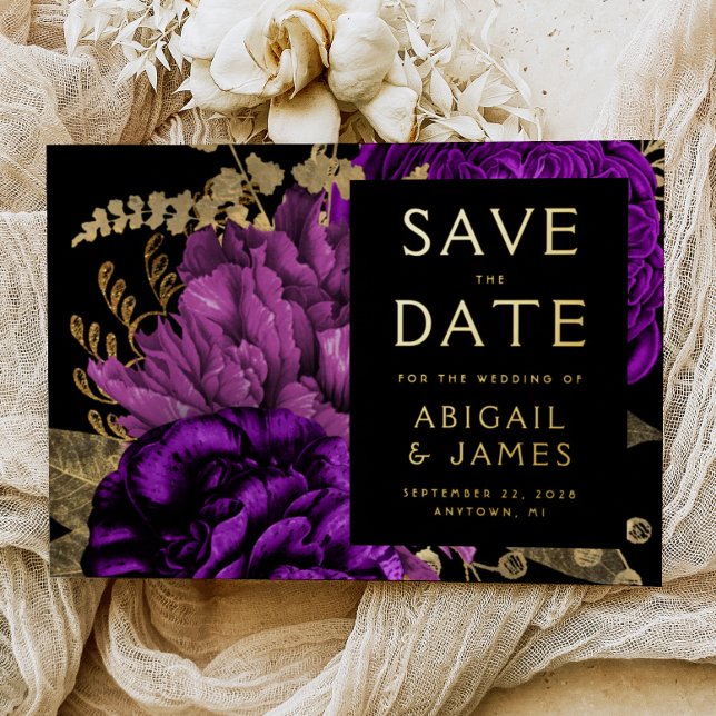 Dark Floral Purple Gold Wedding Save the Date Folieneinladung (Von Creator hochgeladen)