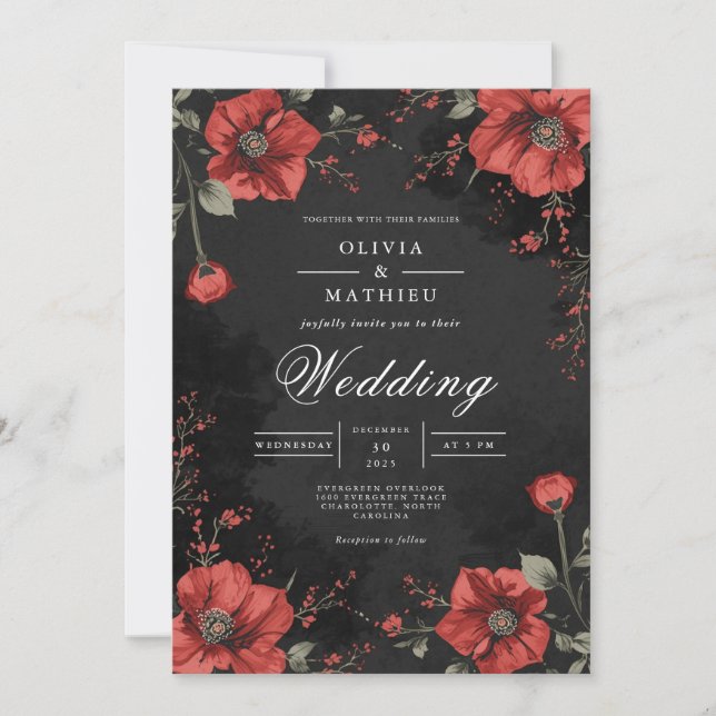 Dark Floral Romance Wedding Einladung (Vorderseite)