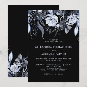 Dark Floral   Schwarze Wasserfarbenhochzeit Einladung