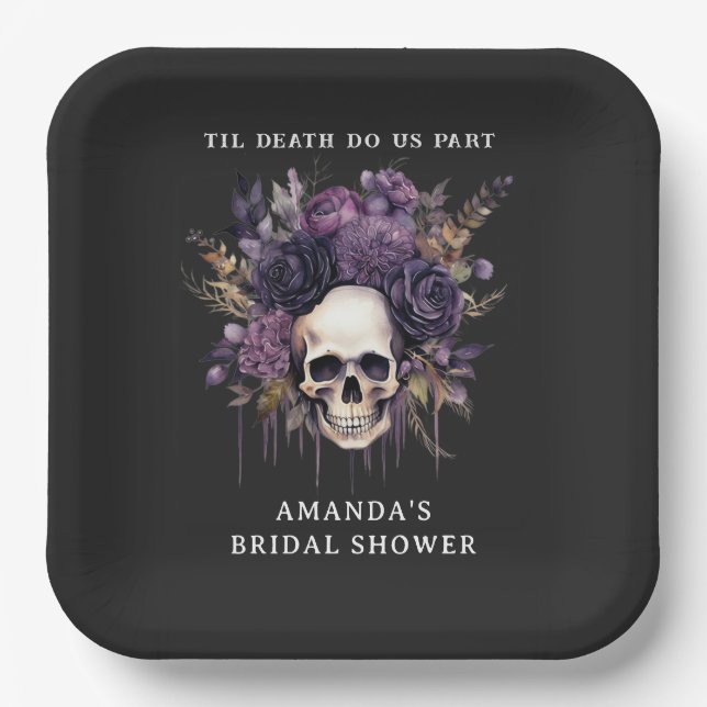 Dark Floral Skull Halloween Brautparty Pappteller (Vorderseite)