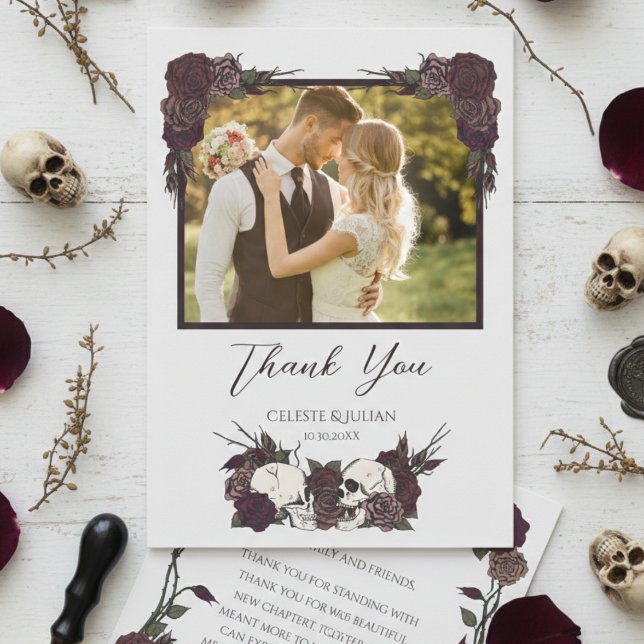 Dark Floral Skull Photo Wedding Thank You Card Dankeskarte (Elegant Burgundy Dark Floral Skull and Rose Wedding Thank You Cards, Hand Drawn in Black Ink)