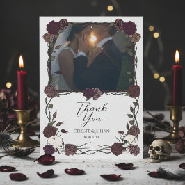 Dark Floral Skull Photo Wedding Thank You Card Dankeskarte