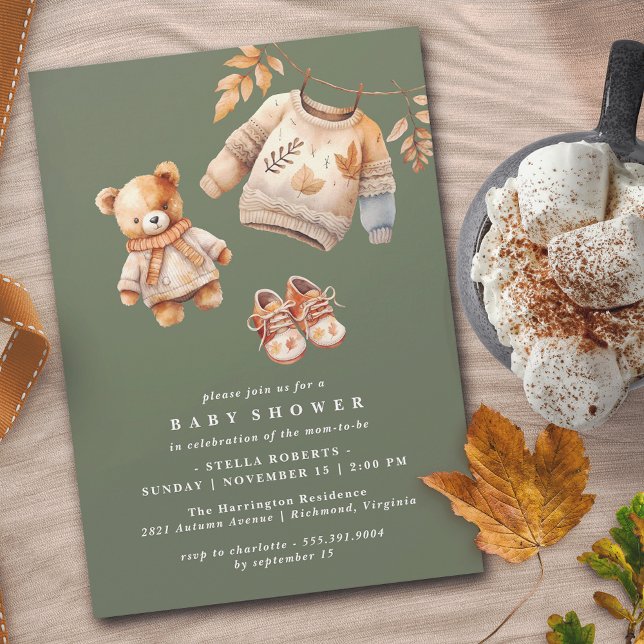 Dark Forest Green Cute Neutral Autumn Baby Shower Einladung (Von Creator hochgeladen)