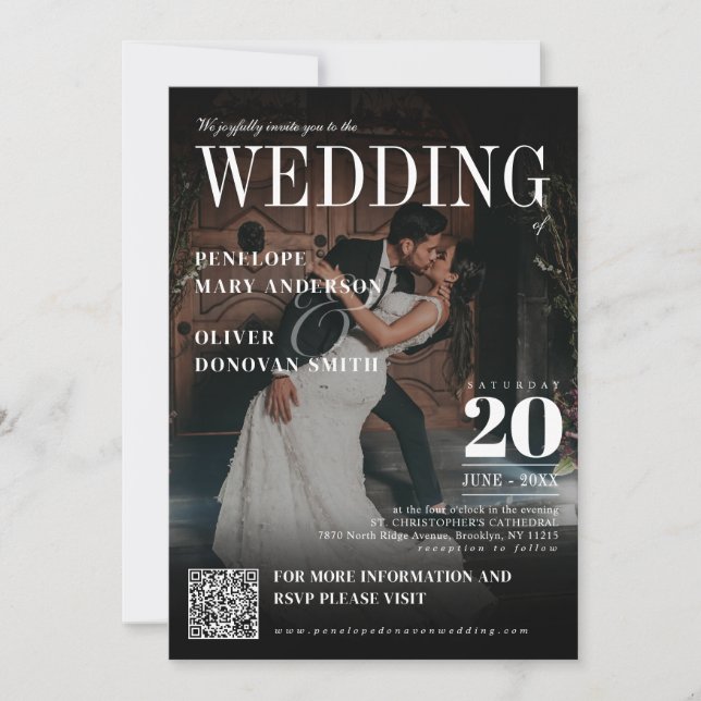 Dark Foto Magazine QR Code Elegant Boho Wedding Einladung (Vorderseite)