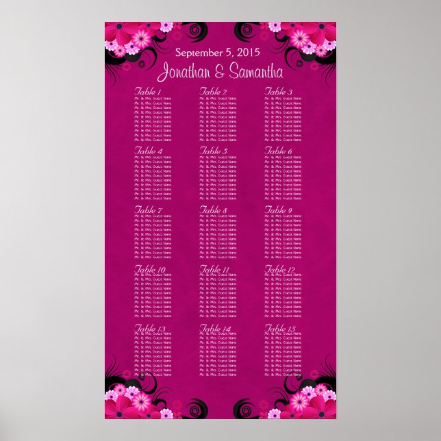 Dark Fuschia Floral 15 Hochzeitstisch Seetabelle Poster (Vorne)