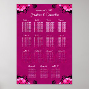 Dark Fuschia Floral Wedding 15 Table Seating Chart Poster