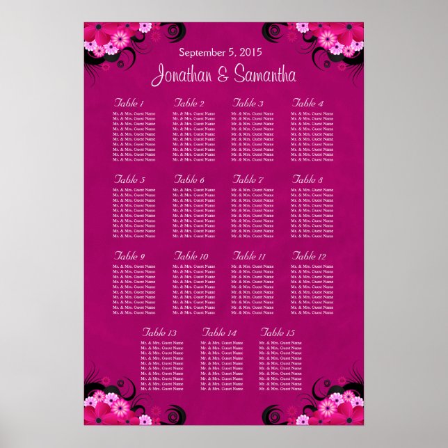 Dark Fuschia Floral Wedding 15 Table Seating Chart Poster (Vorne)
