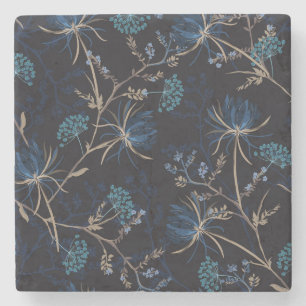 Dark Garden: Monotone Blue Floral Steinuntersetzer