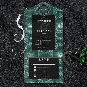 Dark Gothic Aquamarin & Black Vintag Moth Dinner All In One Einladung