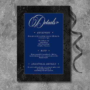 Dark Gothic Black Floral Satin Damask Blue Wedding Begleitkarte