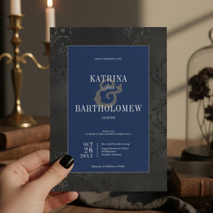 Dark Gothic Black Floral Satin Damask Blue Wedding Einladung