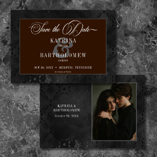 Dark Gothic Black Floral Satin Damask Brown Foto Save The Date