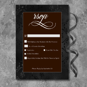 Dark Gothic Black Floral Satin Damask Brown RSVP Karte