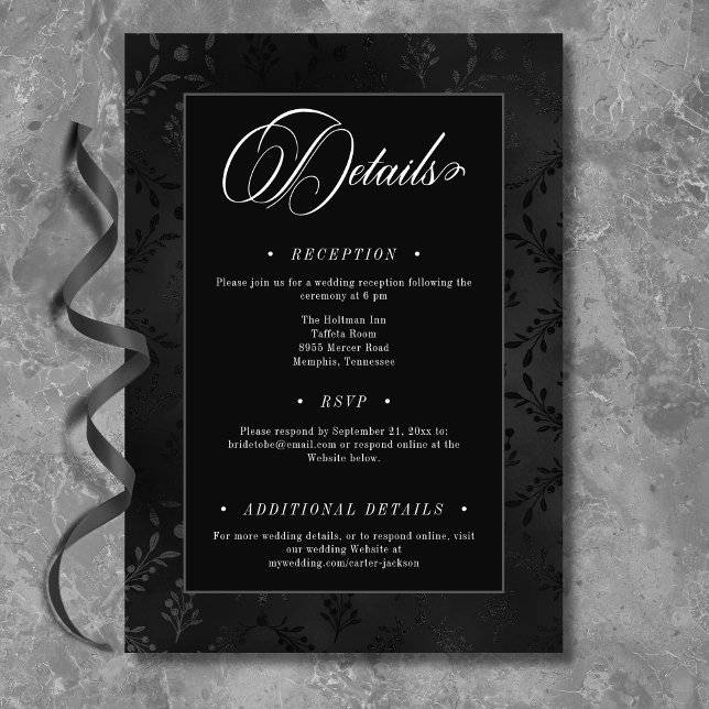Dark Gothic Black Floral Satin Damask Hochzeit Begleitkarte (Von Creator hochgeladen)