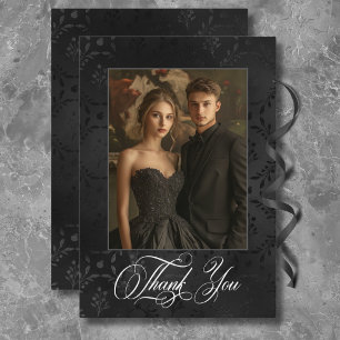 Dark Gothic Black Floral Satin Damask Hochzeit Dankeskarte