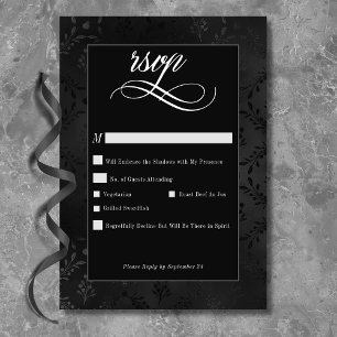 Dark Gothic Black Floral Satin Damask Hochzeit RSVP Karte