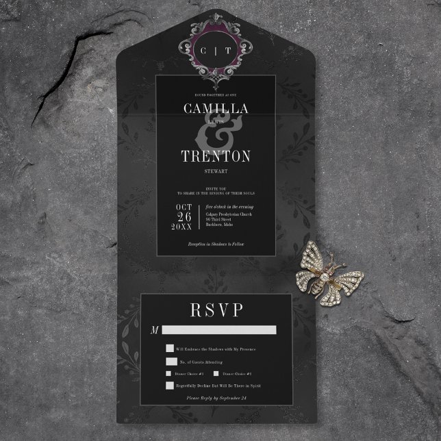 Dark Gothic Black Floral Satin Dinner All In One Einladung (Also available with a QR code or without dinner selection options.)