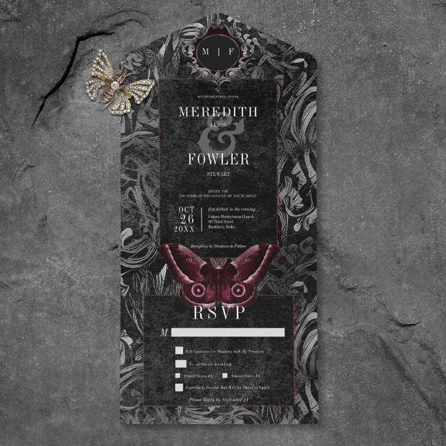 Dark Gothic Black & Gray Filigree Moth Dinner All In One Einladung (Also available with a QR code or without dinner selection options.)