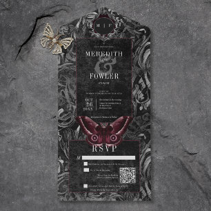 Dark Gothic Black & Gray Filigree Moth QR Code All In One Einladung