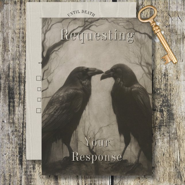Dark Gothic Black & Tan Raven Couple Dinner RSVP Karte (Dark Gothic Black & Tan Raven Couple Dinner RSVP Card)