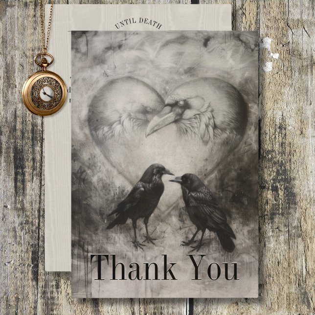 Dark Gothic Black & Tan Raven Couple Wedding Dankeskarte (Dark Gothic Black & Tan Raven Couple Wedding Thank You Card)