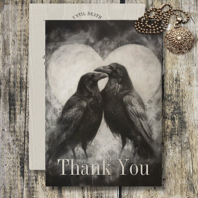 Dark Gothic Black & Tan Raven Couple Wedding Dankeskarte (Dark Gothic Black & Tan Raven Couple Wedding Thank You Card)