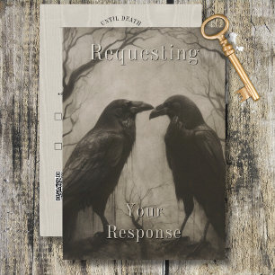 Dark Gothic Black & Tan Raven Couple Wedding RSVP Karte
