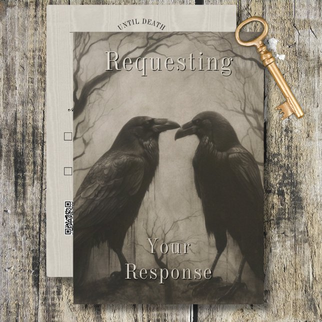 Dark Gothic Black & Tan Raven Couple Wedding RSVP Karte (Dark Gothic Black & Tan Raven Couple Wedding RSVP Card)