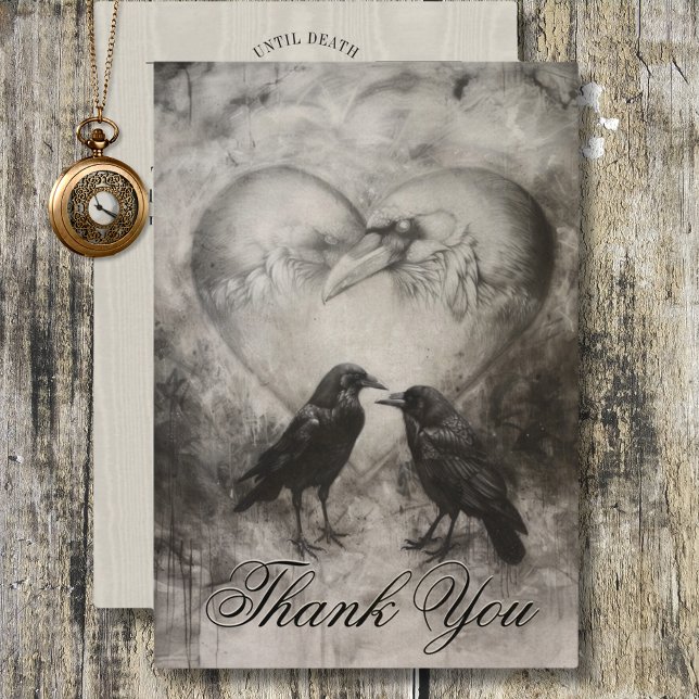 Dark Gothic Black & Tan Raven Script Wedding Dankeskarte (Dark Gothic Black & Tan Raven Script Wedding Thank You Card)