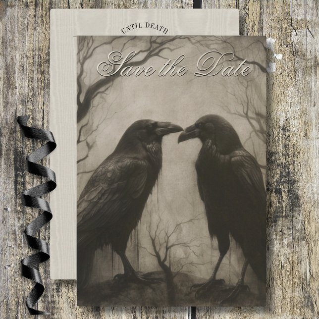Dark Gothic Black & Tan Raven Script Wedding Save The Date (Dark Gothic Black & Tan Raven Script Wedding Save The Date)