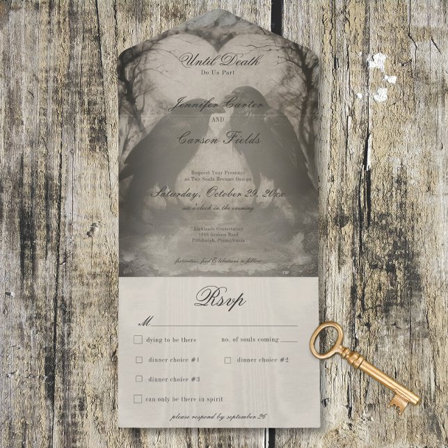 Dark Gothic Black & Tan Raven Wedding Dinner All In One Einladung (Dark Gothic Black & Tan Raven Wedding Dinner All In One Invitation)