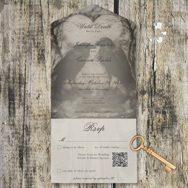 Dark Gothic Black & Tan Raven Wedding QR Code All In One Einladung (Dark Gothic Black & Tan Raven Wedding QR Code All In One Invitation)